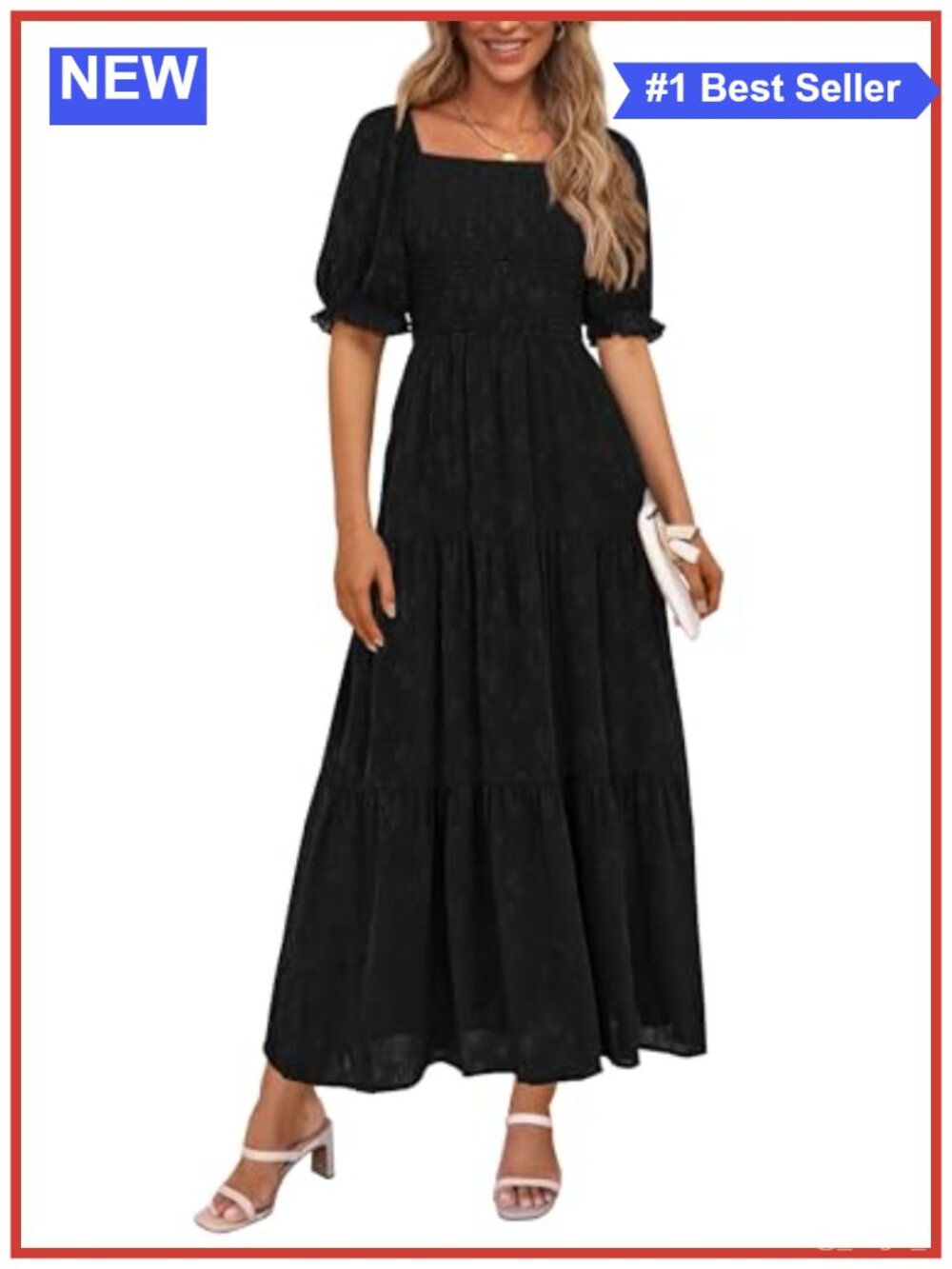 Women's Floral Midi Dress Square Neck Ruffle Short Sleeve Smocked A-Line